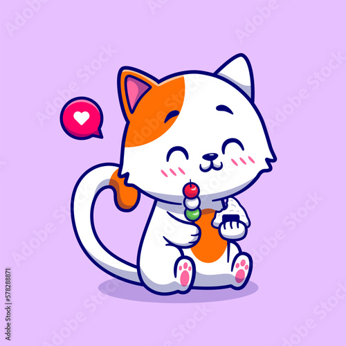 Cute Cat Eating Dango Mochi And Onigiri Cartoon Vector Icon Illustration. Animal Food Icon Concept Isolated Premium Vector. Flat Cartoon Style