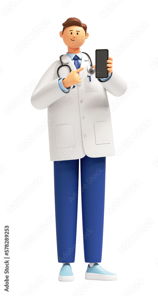 3d render. Doctor cartoon character shows smart phone device with blank screen. Medical application concept