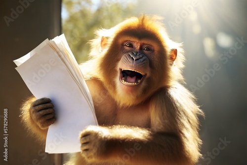 Photo Happily smiling monkey holding blank white paper. Generative AI