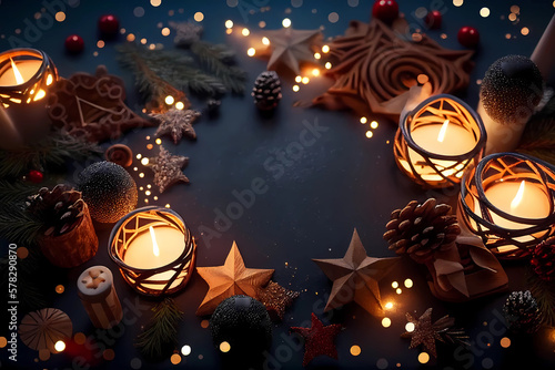 Christmas background with wooden decorations top view. Generative ai design.