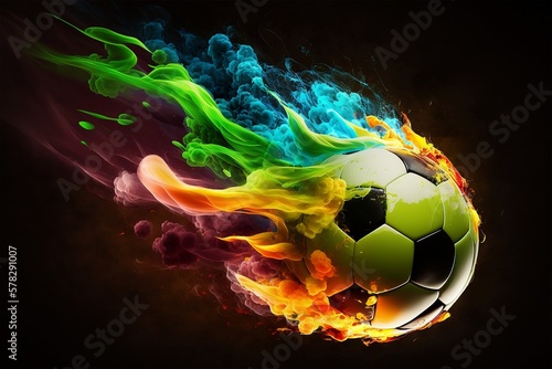 Football with colourful flames flying on dark background. Generative ai