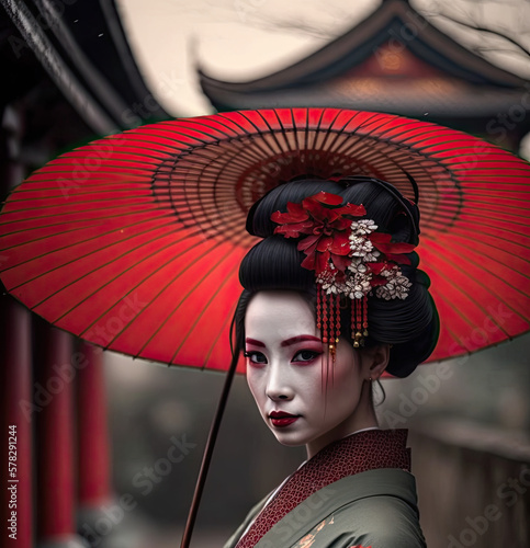 Portrait of a beautiful geisha holding a red paper umbrella in front of a Japanese temple created using generative AI tools.