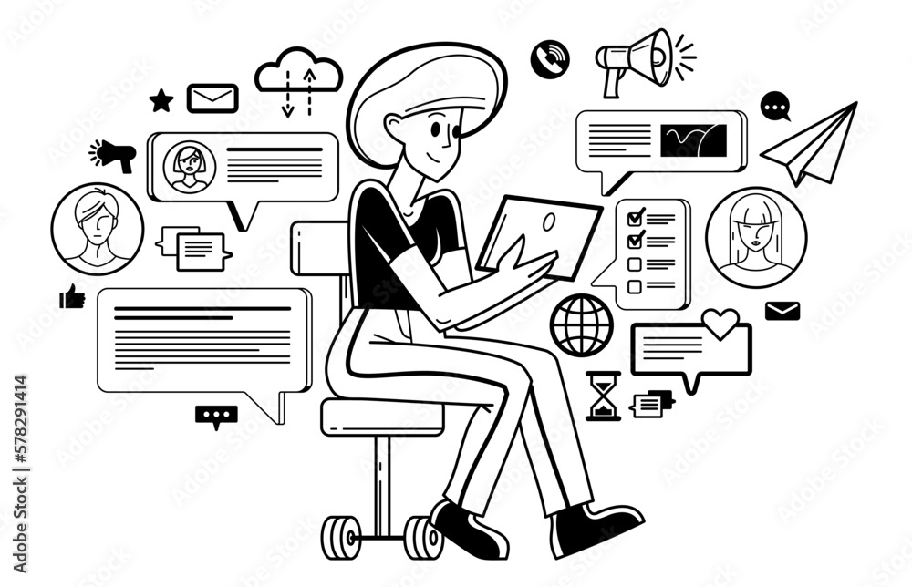 Working online person doing some creative job vector outline illustration, remote virtual working freelancer or a part of coworking team. Working online person doing some creative job vector outline illustration, remote virtual working freelancer or a part of coworking team.