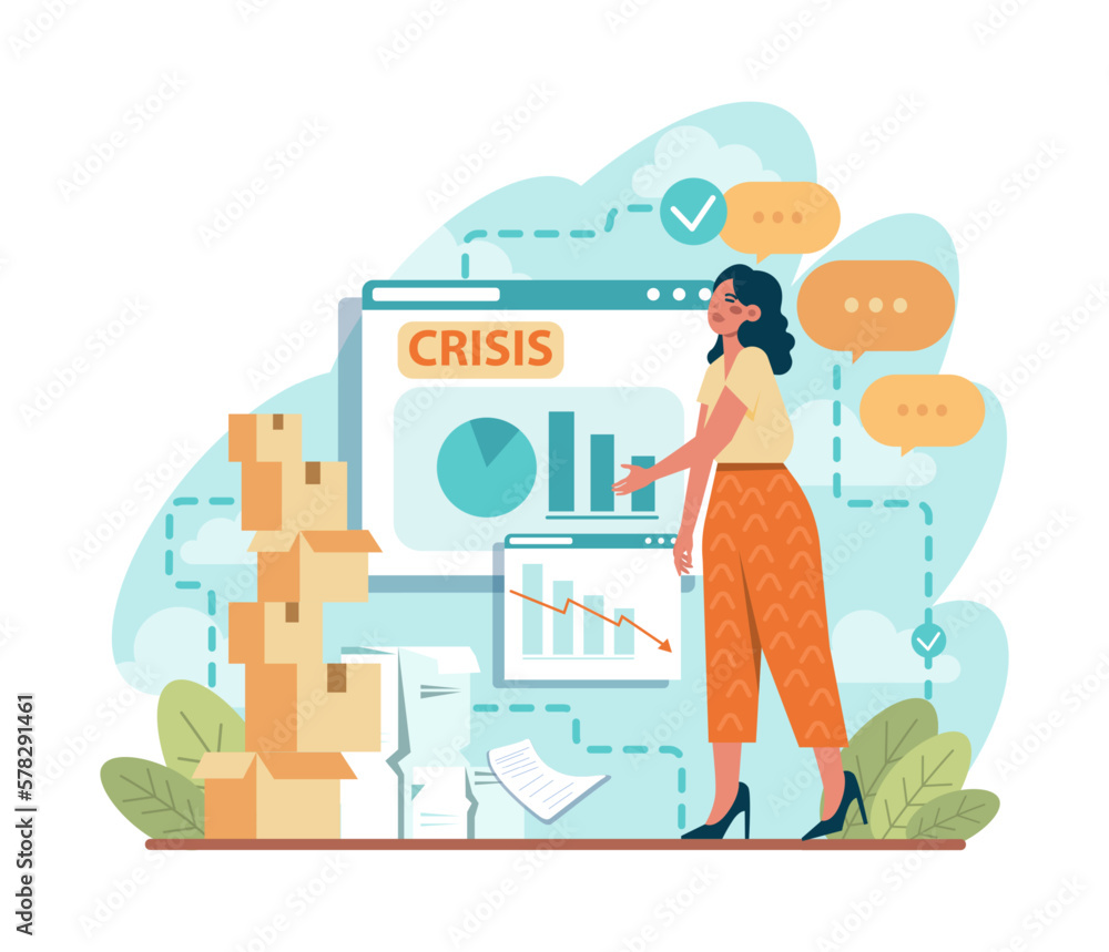 Crisis set. Office worker facing financial instability and profit decline Crisis set. Office worker facing financial instability and profit decline