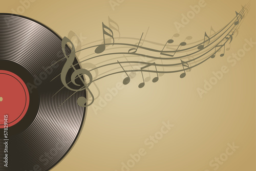 A musical advertising poster with a vinyl disc and musical notes in an isolated vector illustration. Artistic background for concerts, music festivals, shows, events, flyers for parties