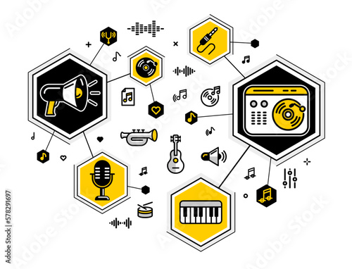 Music producing composing new track vector outline illustration, sound engineering in recording studio, composing creating audio mix.
