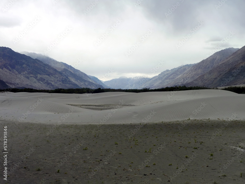 The barren desert with the high Himalayan mountains in the background, Nubra valley, Ladakh, India