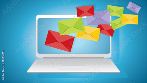 You've got Mail. Laptop with flying e-mail envelopes. Dimension 16:9. Vector illustration. photo