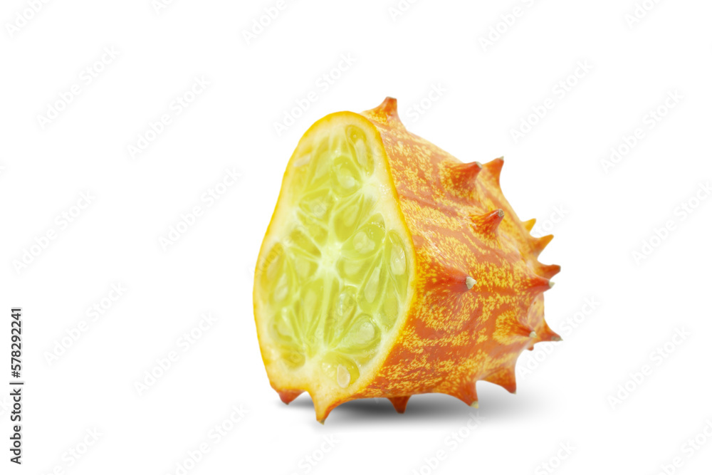 Fototapeta premium Kiwano or horned melon cut in half isolated on white background.