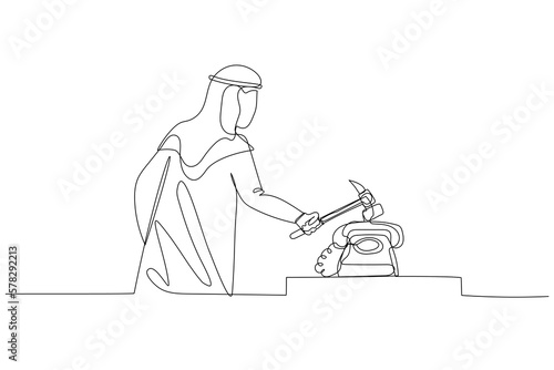 Illustration of arab businessman with hammer smashing telephone. Concept of furious. One line style art