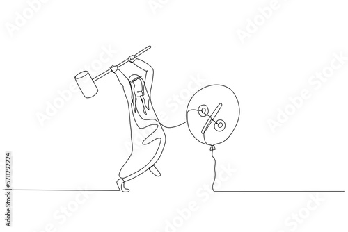 Cartoon of arab businessman trying to hit balloons with interest sign. Concept of inflation control. Continuous line art style