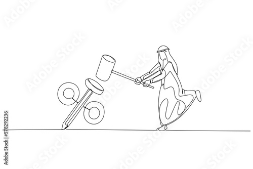 Drawing of arab businessman using hammer smash the percentage sign to the floor. Concept of interest rate. Single continuous line art
