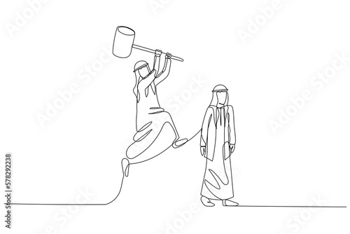 Drawing of arab businessman try to hit boss. Concept of stress at work. Single line art style