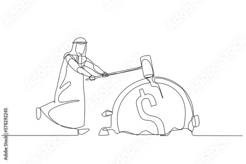 Cartoon of arab businessman hit dollar coin into the ground. Concept of safing money. Single continuous line art style