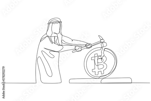 Illustration of arab businessman with hammer smashing bitcoin coin. Concept of downfall of cryptocurrency. One line style art