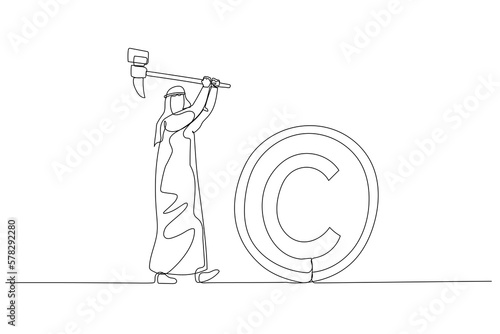 Cartoon of arab businessman with hammer try to smash COPYRIGHT sign. Concept of copyright infringement. Continuous line art