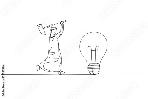 Cartoon of arab businessman with hammer try to break lamp. Concept of idea generation. One continuous line art style
