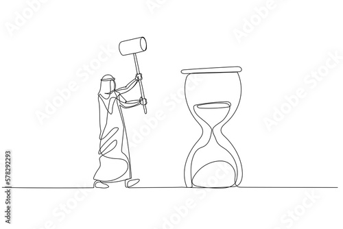Drawing of arab businessman with hammer try to hit hourglass. Concept of time management. Continuous line art style