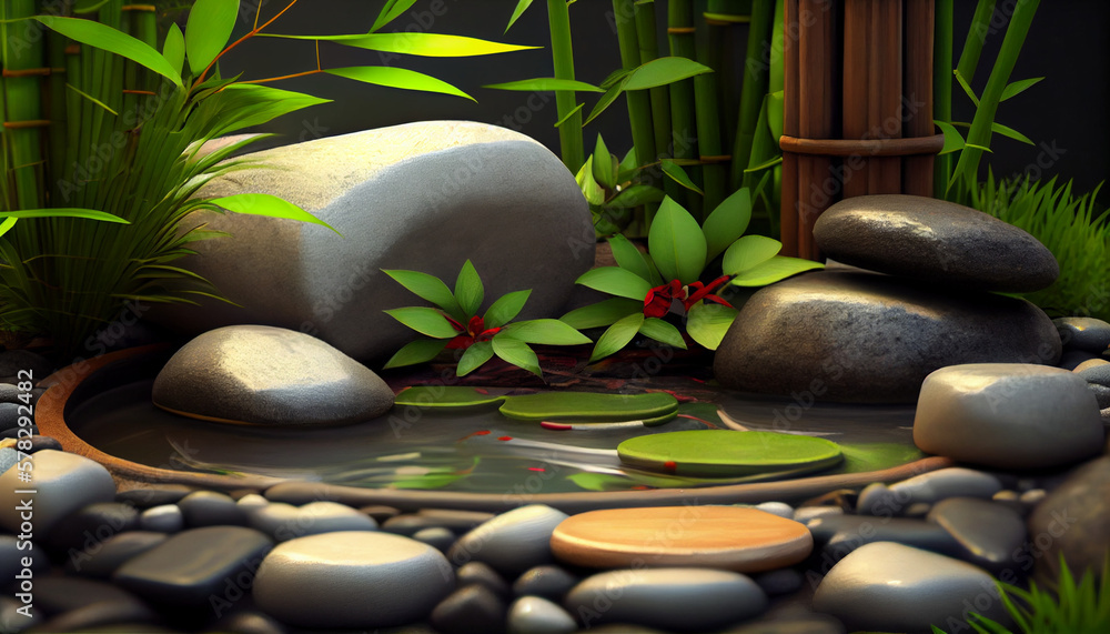 Bamboo and stones in a wellnes spa, generative ai - obrazy, fototapety, plakaty 