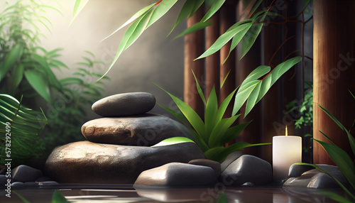 Bamboo and stones in a wellnes spa, generative ai