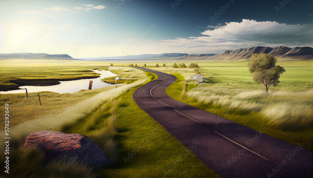 Fototapeta premium Endless road along green grasslands, generative ai