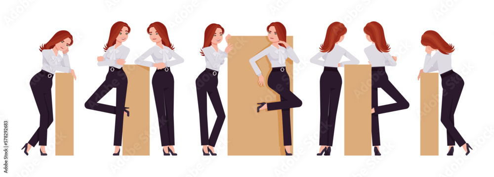 Business consultant professional lady set, attractive woman leaning poses. Office girl, female manager formal work occasion classic wear. Vector flat style cartoon character isolated, white background Business consultant professional lady set, attractive woman leaning poses. Office girl, female manager formal work occasion classic wear. Vector flat style cartoon character isolated, white background