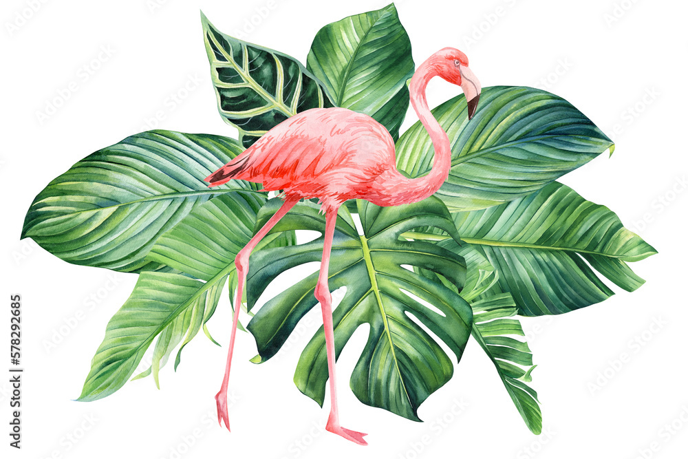 Obraz premium Beautiful flamingo bird and palm leaves, card, poster, tropical decoration watercolor illustration, botanical painting