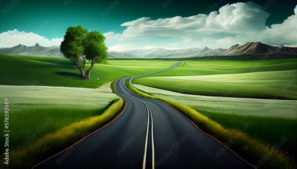 Endless road along green grasslands, generative ai