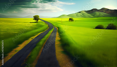 Endless road along green grasslands, generative ai
