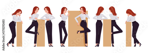 Business consultant professional lady set, attractive woman leaning poses. Office girl, female manager formal work occasion classic wear. Vector flat style cartoon character isolated, white background