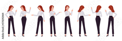 Business consultant professional lady set, attractive woman point, show poses. Office girl, female manager formal work classic wear. Vector flat style cartoon character isolated on white background