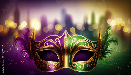 Gold purple and green glittery ,ardi gras mask on green and purple background, generative ai