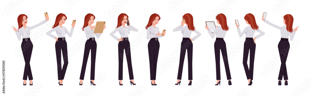 Business consultant professional lady set, attractive woman holding gadget poses. Office girl, female manager formal work classic wear. Vector flat style cartoon character isolated on white background Business consultant professional lady set, attractive woman holding gadget poses. Office girl, female manager formal work classic wear. Vector flat style cartoon character isolated on white background