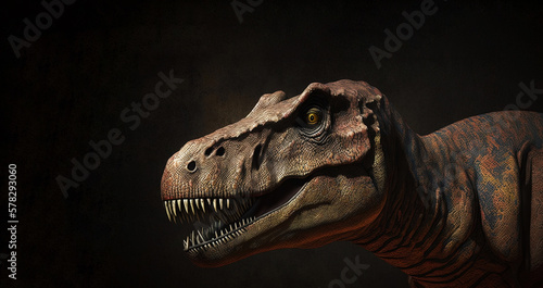 Closeup on head with sharp teeth of carnivorous dinosaur Tyrannosaurus . Prehistoric predator. Generative AI