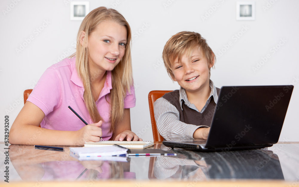 Family Life, Home Revision. A teenage girl giving her younger brother some academic advice with his homework. From a series of related images. Family Life, Home Revision. A teenage girl giving her younger brother some academic advice with his homework. From a series of related images.