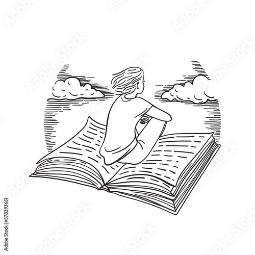 Hand drawn black and white ex libris in vector. Illustration of a man flying in the sky on an open book.