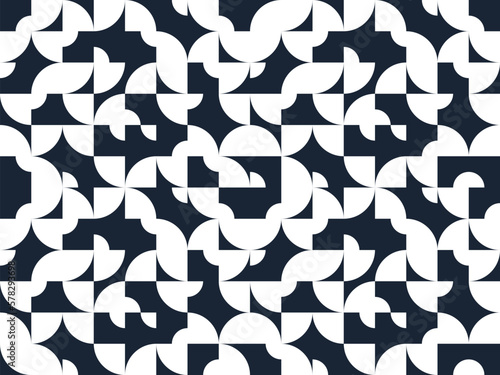 Geometric abstract seamless pattern with black and white simple elements of geometry, wallpaper background in retro 70s style, Bauhaus constructive style tiles.