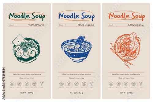 Hand drawn line art food vector packaging label design template. Boho style illustration of elegant signs and badges for cafe, restaurant, food and drinks products.