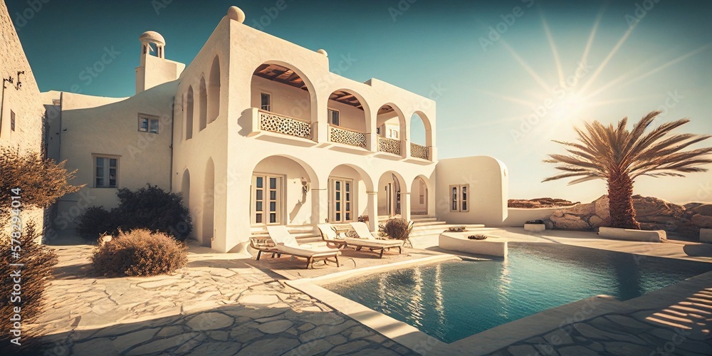 Schöne Architektur eines weißen Hauses mit Pool in Spanien in Küstennähe, ai generativ
