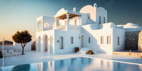 Schöne Architektur eines weißen Hauses mit Pool in Spanien in Küstennähe, ai generativ © www.freund-foto.de