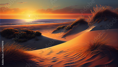 Sand dunes on the beach at sunset, generative ai