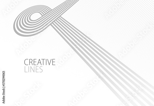 Lines in perspective vector abstract background in light grey and white monochrome, 3D dimensional stripes with smooth gradient and wavy motion.