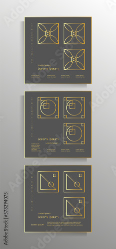 Cover for the book, brochure, booklet, flyer, poster, and folder. Modern geometric design with golden lines. Set of square format vector templates.