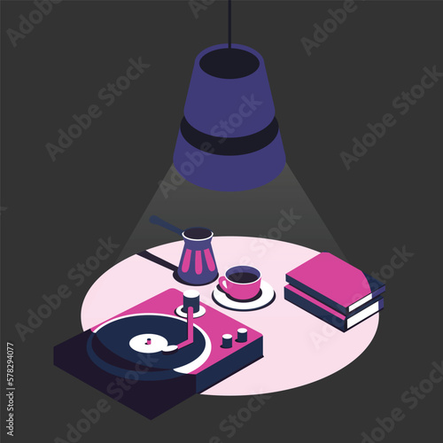 Night vector still life of coffee, books and vynil recorder under the lamplight