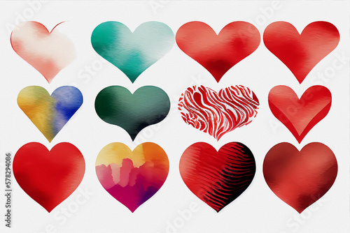 Watercolor hearts collection. Generative ai design.