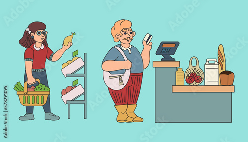 People in the supermarket. A man and a woman are shopping for groceries. A set of funny doodle characters. Colored flat vector illustration.