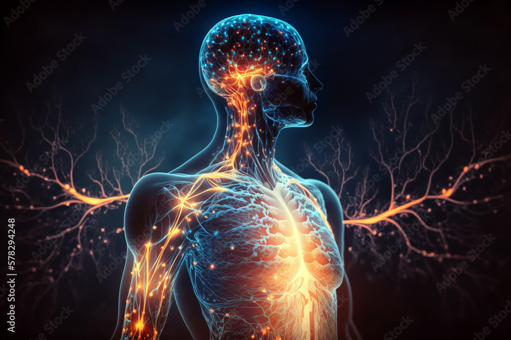 Human body with glowing neurons visualization. Generative AI