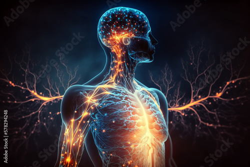 Human body with glowing neurons visualization. Generative AI illustration photo