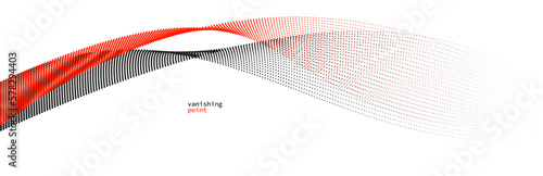 Abstract background vector illustration, red and black dots in motion by curve lines, particles flow wave isolated, monochrome black and white illustration.