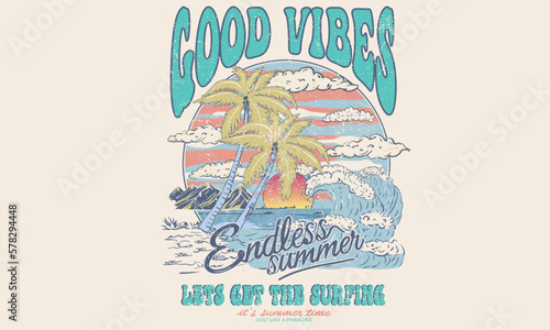 Endless summer.  Summer good vibes graphic print design for t shirt print, poster, sticker, background and other uses. Water wave watercolor retro artwork.